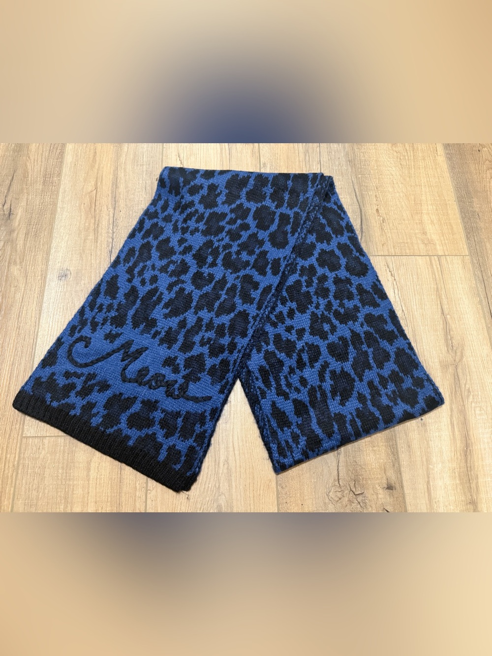 Kate Spade NY Blue Black Leopard Meow Wool Alpaca Scarf Soft Warm Animal Print